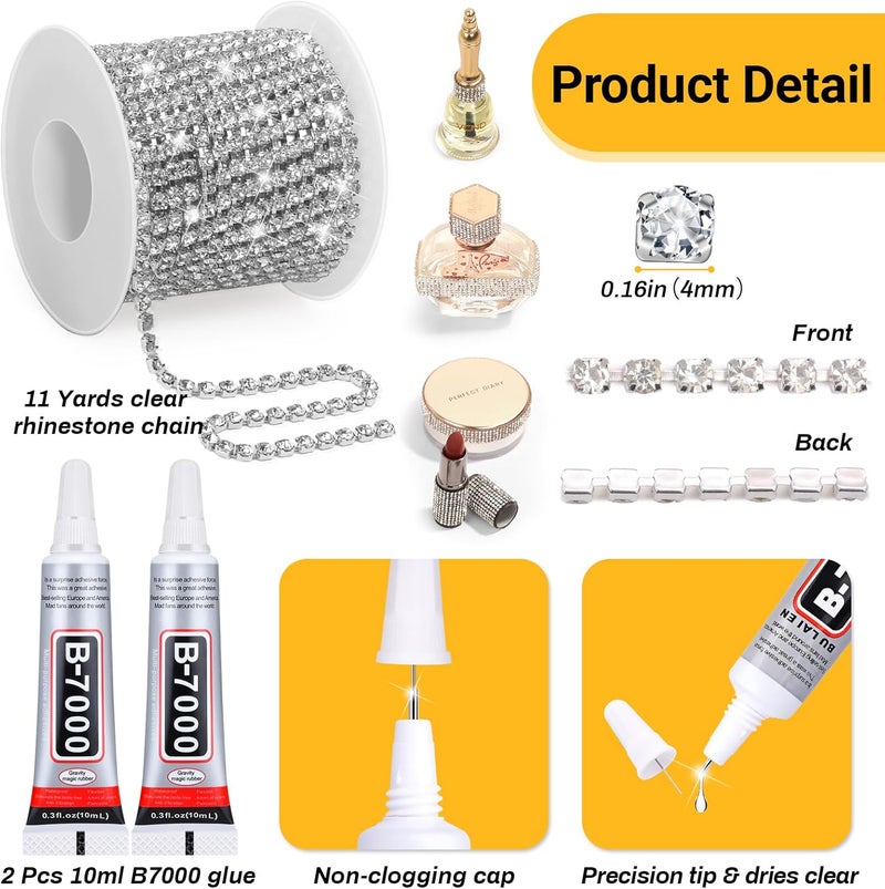 LifeisLuck Crystal Rhinestone Close Chain Trim with B7000 Jewelry Glue, 11 Yards 4MM Silver with Clear Beads B-7000 Glue Rhinestones Chain for Crafts Sewing DIY Jewelry Wedding Decoration Sewing Beaded Trim - Image 3